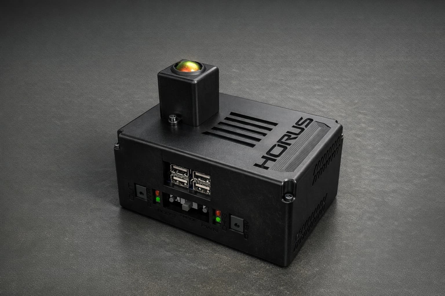 Angled view of the Horus embedded compute hardware showing ports and enclosure detail